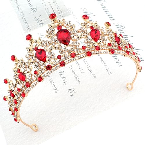 Vista 3 de SuPoo Tiaras para mujer, corona roja, corona de cumpleaños, diadema de cristal, gemas rojas, diamantes de imitación, accesorios para el cabello
