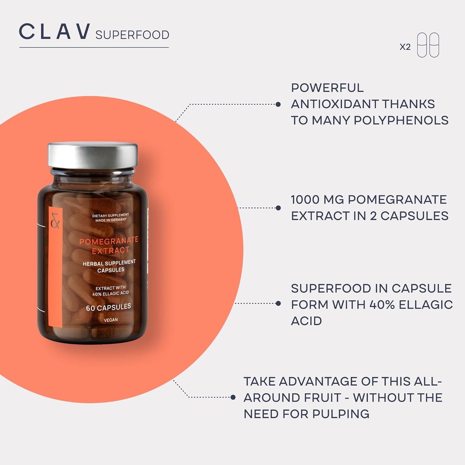 CLAV Pomegranate Extract - 1000mg Daily Dose - 40% Ellagic Acid - Vegan Pomegranate Supplement - Heart & Joint Support - 60 Capsules - Made in Germany - Image 3