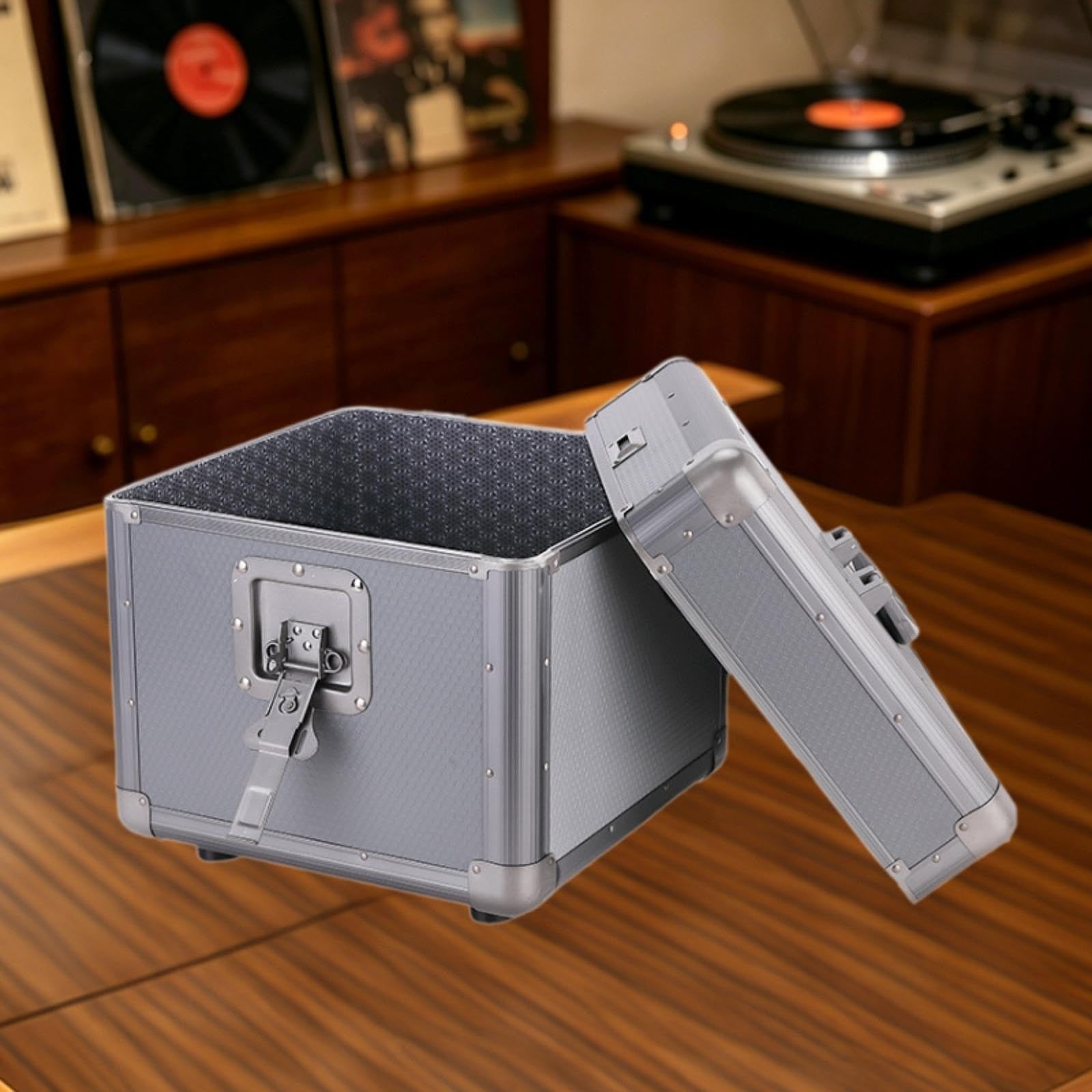 Scatola Porta Dischi Vinile Custodia Organizer Cassettina Archiviazione Portatile Alluminio Durevole con Blocco per Musica Collezionisti Ada, Grigio L