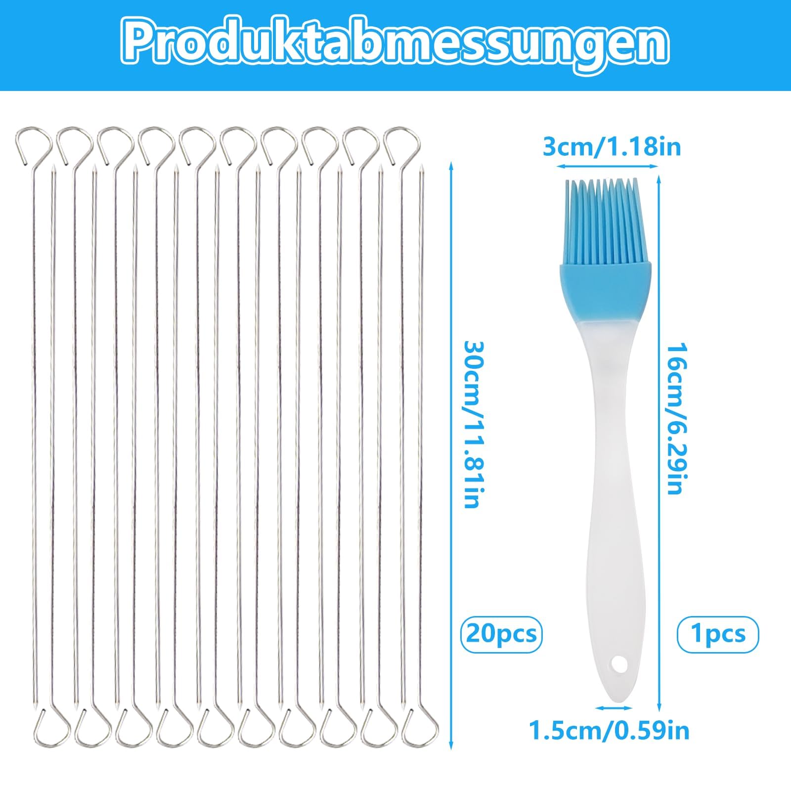 Pic a Brochette en Métal 30 cm avec Pinceau à Huile Silicone Bleu - Kit de Grillade pour Pique-nique et Camping