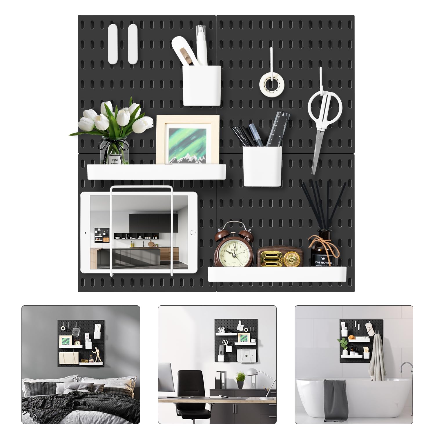 VUSIGN Pegboard Combination Wall Organizer Kit, 4 Pieces Pegboards and 17 Accessories Modular Hanging, Wall Mount Display Peg Board Panel Kits for Bedroom, Home, Office, Bathroom, 22" x 22", Black
