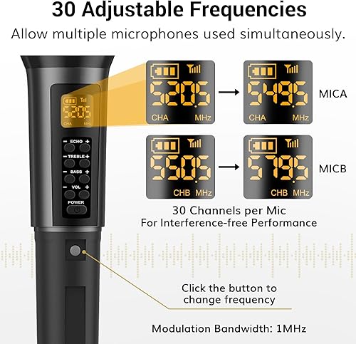 Miniatura 5 de TONOR Micrófonos inalámbricos con agudosbajoseco, micrófono de mano dinámico dual con receptor para máquina de karaoke de boda, sistema PA, altavoz,