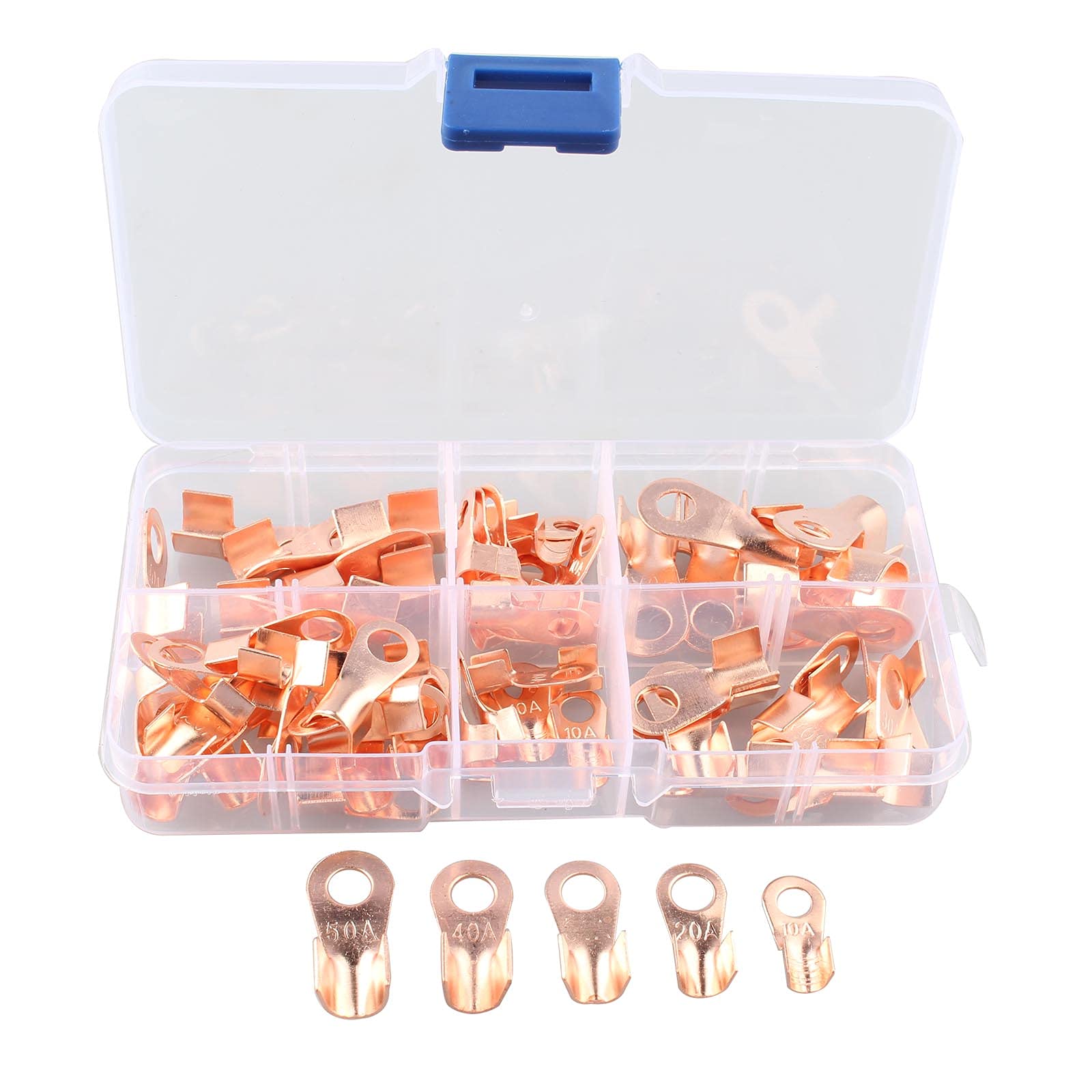 HALJIA 70PCS Open Barrel Copper Ring Assortment Kit Lug Terminals Cable Wire Crimp Connector OT Wire Crimp Connectors Assortment Kit, OT 10A 20A 30A 40A 50A