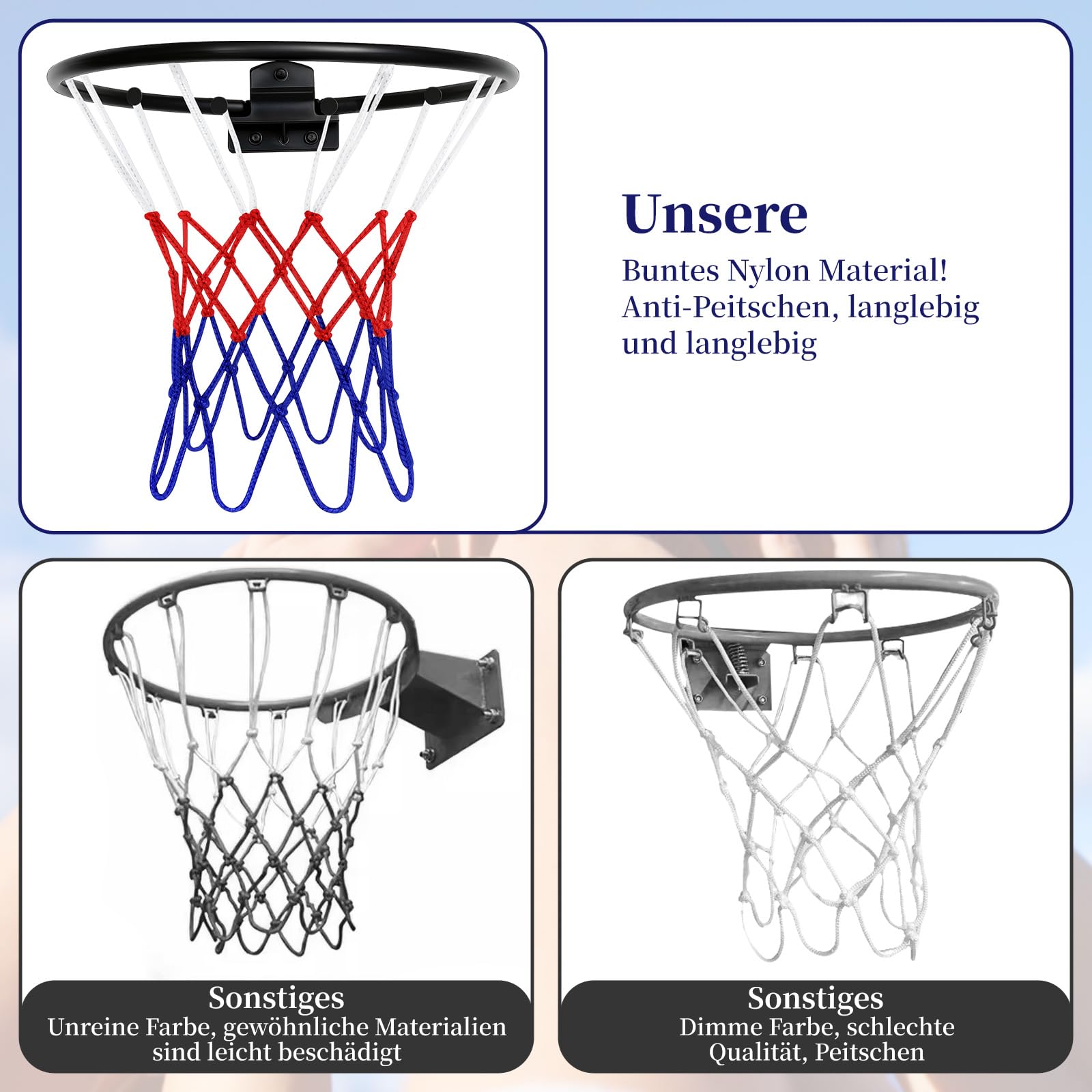 3 Pezzi di Piccola Rete da Basket, Rete di Ricambio per Pallacanestro, Rete di Ricambio per Mini Cerchio da Basket, per Cestini da 20-26 cm, Rete da Basket Tricolore per Sport Esterni e Interni