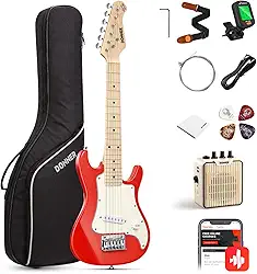 Donner Kit de iniciantes para guitarra elétrica de 30 polegadas estilo ST mini tamanho ST guitarra elétrica júnior pacote vermelho com amplificador, bolsa 600D, sintonizador, palhetas, cabo, alça, cordas extras DST-100