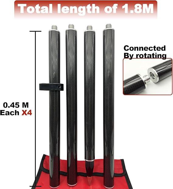 1.8M Land Surveying Equipment RTK Carbon Fiber Surveying Prism Pole, 4 Section Survey Pole, with 5/8X11 Thread, 4 Section Prism Pole with Level Bubble and Soft Bag