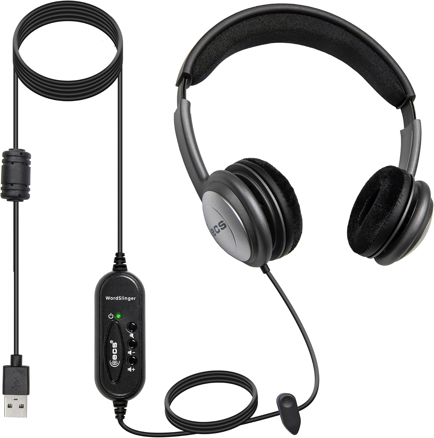 ECS WordSlinger USB Transcription Headset, 7-Foot Cord, Over-Head Design, Superior Audio Clarity, External Sound Card, Perfect for Medical & Legal Dictation, Comfortable Padded Headband & Ear Cups