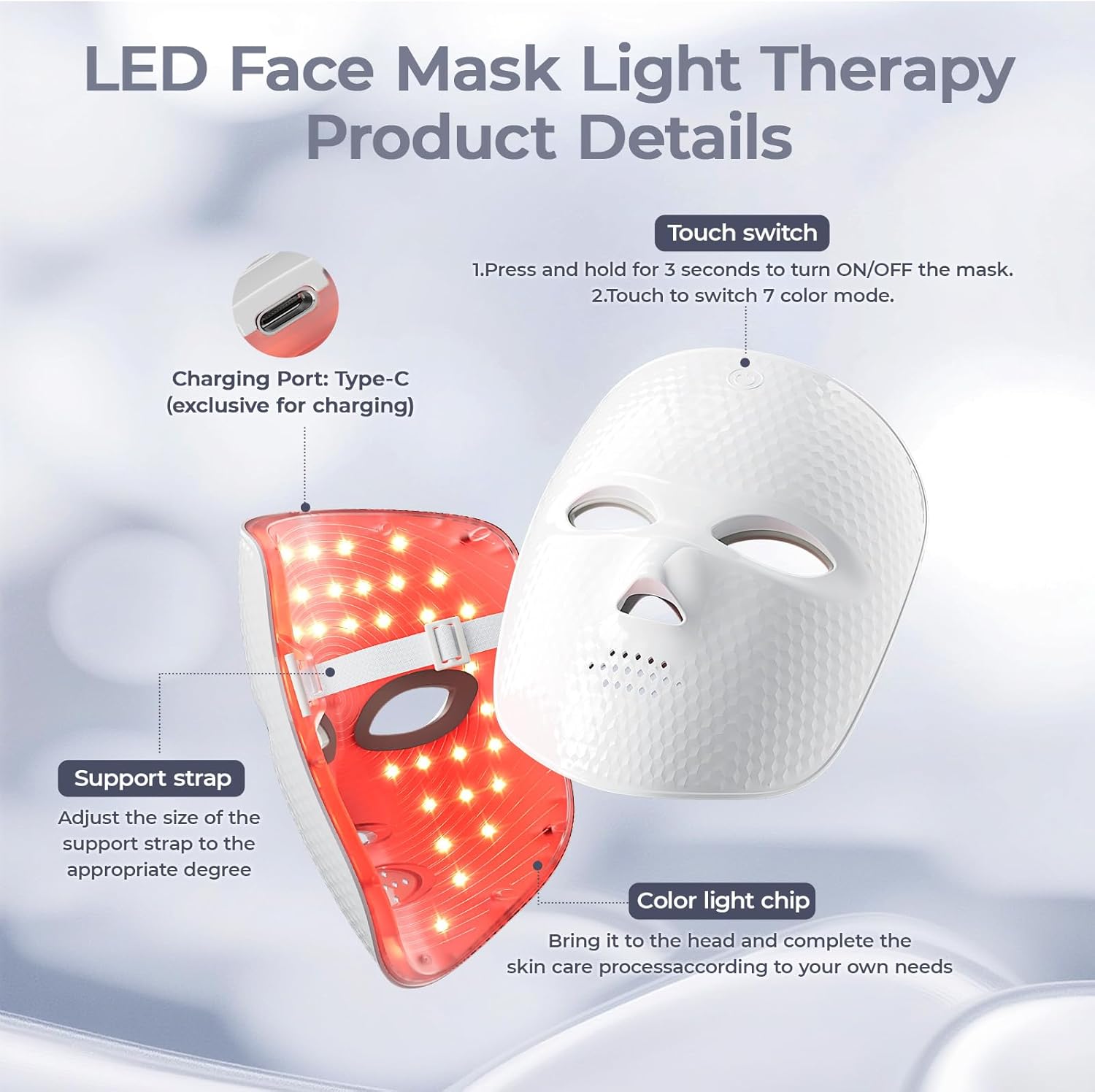 Red Light Therapy for Face-LED Face Mask Light Therapy with 3 Gears,2500mAh Battery,Remote Control,Infrared Red Light Therapy Mask for Home Working Travel Yoga Sleep (Pure White) - Image 6