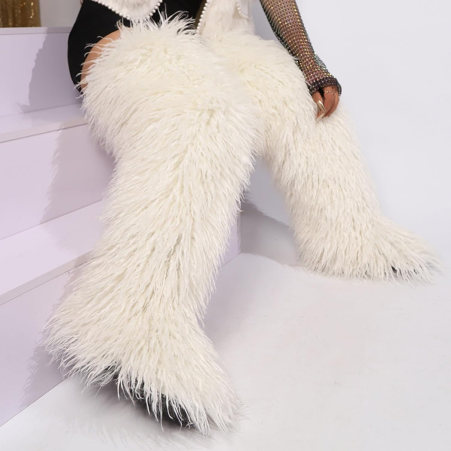 Rave Thigh High Faux Mongolian Fur Boots Y2K for Women, Fluffy Fuzzy Snow Winter Boots Over the Knee, Goth Emo Grunge Cute Fahsion Trendy, EDM Festivals Concert Parties Club, Christmas New Year.