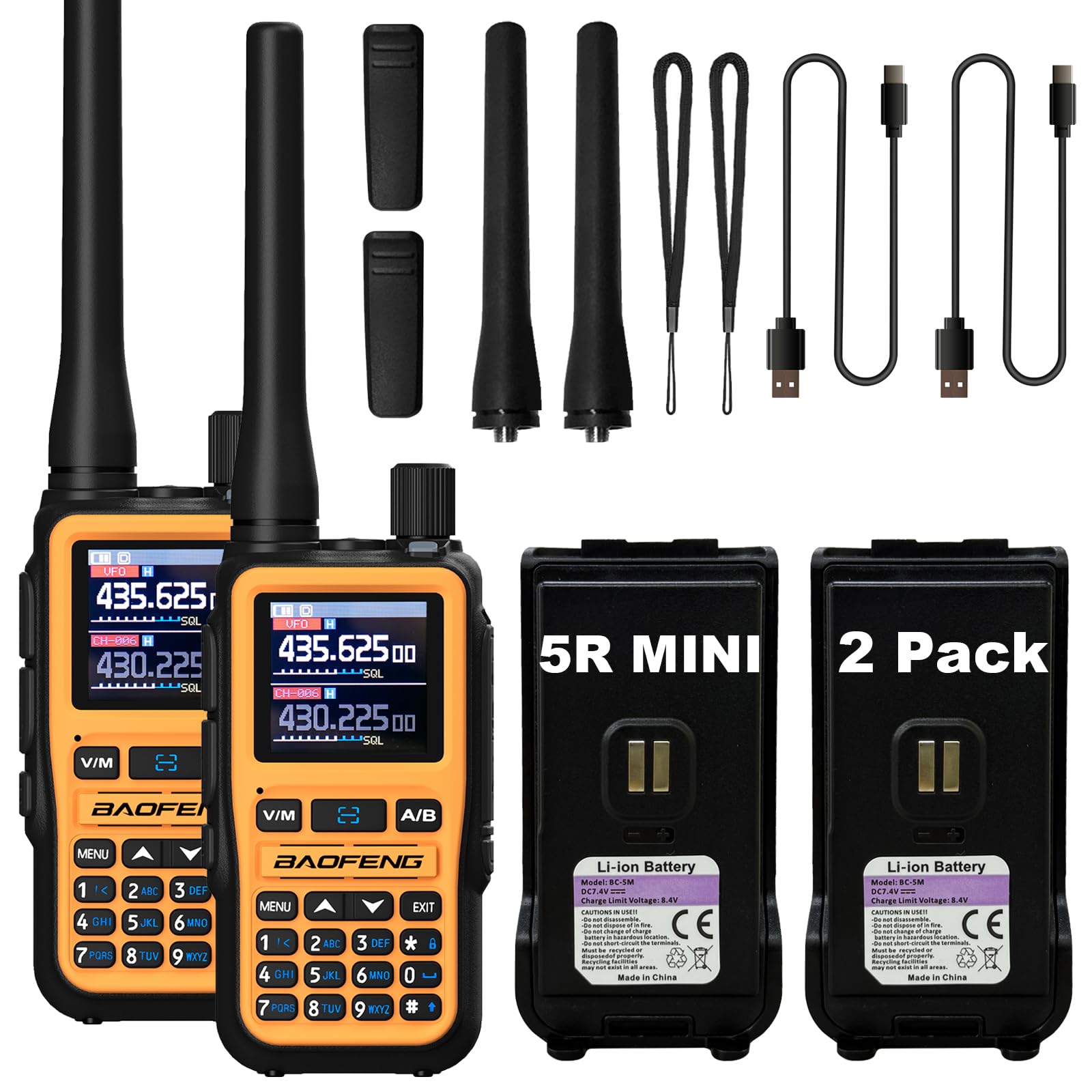 BAOFENG UV-5R Mini Two Way Radio BF-5R Mini Walkie Talkie Wireless Power Adjustable Tiny Size Frequency Copy 999 Channels Type-C Four Colors Portable Ham（2 Pack） (Orange)