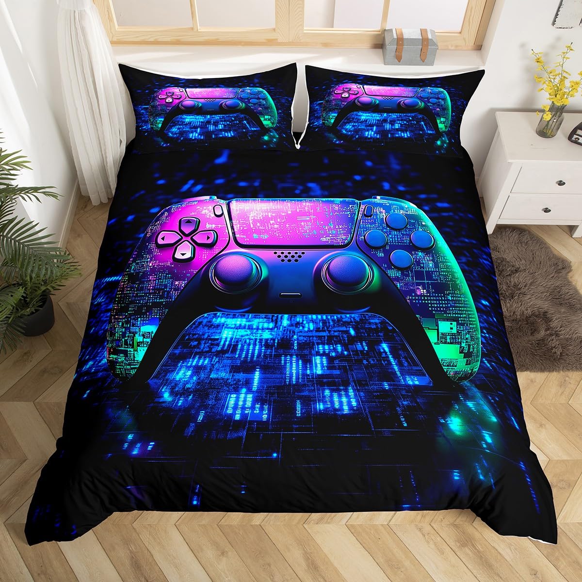 Technological Gamepad Duvet Cover Double Size,Boy Game Galaxy Comforter Cover for Adults Kids Bedroom Decor,Children's Playroom Decorative Bedding Set(No Comforter),2 Pillowcases