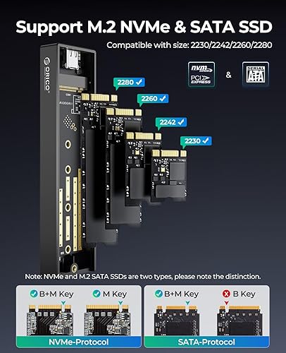 Miniatura 4 de ORICO Carcasa SSD M.2 NVMe, USB 3.1 Gen 2 (10 Gbps) a NVMe PCI-E M.2 SSD compatible con UASP para SSD NVMe tamaño 2230224222602280(hasta 4TB) (M.2