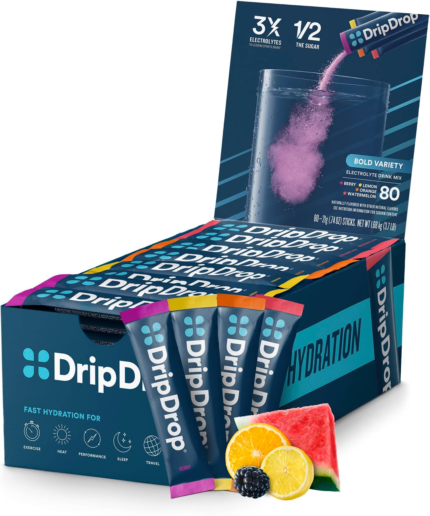 DripDrop Hydration - Bold Variety Pack - Electrolyte Drink Mix Single Serve Hydration Powder Packets - Watermelon, Berry, Lemon, Orange | Non-GMO, Gluten Free, Vegan | 80 Sticks