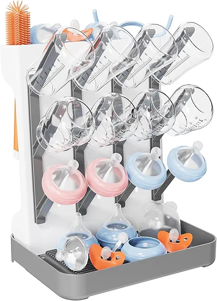 Baby Bottle Drying Rack, Vertical Bottle Dryer Holder Space Saving Standing Bottle Drying Rack for Countertop Kitchen Organize Bottles & Baby Accessories Brushes Pacifiers and Pump Part (Grey)