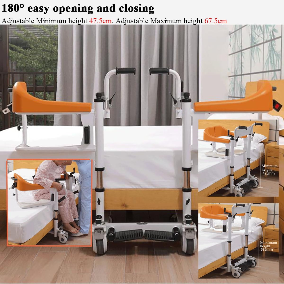 Transfer Lift Stuhl für Erwachsene & Ältere Menschen, Mobilitätshilfe mit Töpfchen, Badezimmer Dusche Rollstuhl, 180° geteilter Sitz Toilettenstuhl für Behinderte und Frakturpatienten