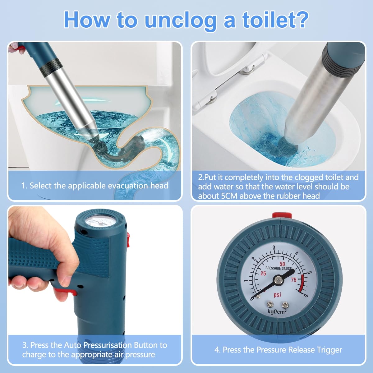 Pistola elettrica ad alta pressione per scarico dell'aria con barometro visivo, stantuffo ad aria per bagno, cucina, vasca da bagno, WC, rimozione intasamenti, colore blu