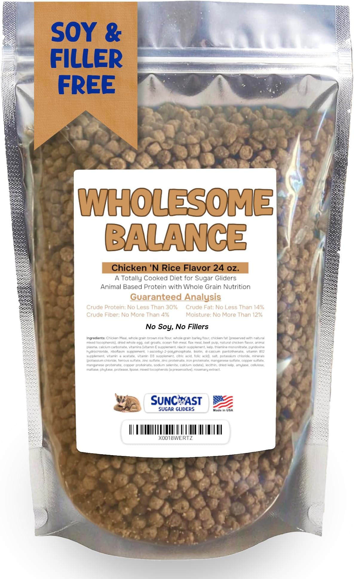 Suncoast Sugar Gliders Food, Chicken & Rice Wholesome Balance - High Animal Protein Pellets, No Soy Meal, 30% Protein, Calcium + Vitamins & Minerals - Chicken, Egg & Fish Meal, 1.5 lb
