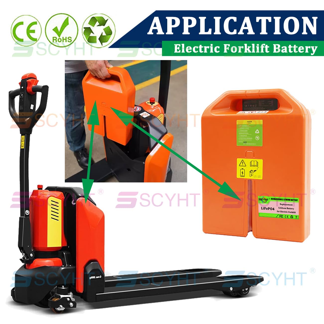 Batteria transpallet elettrico 24V 48V Batteria al litio per transpallet elettrico PTE15N Batterie LiFePO4 per sollevatore telescopico CLG2015L con BMS,24v36ah 6holes