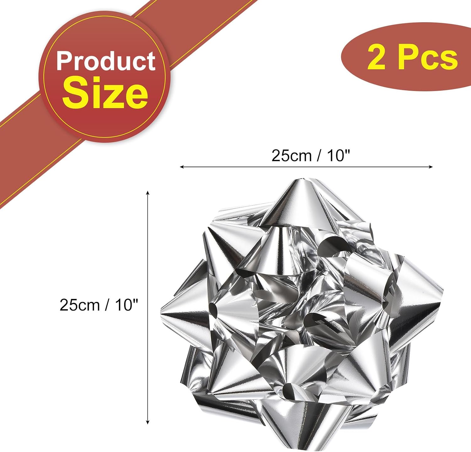 MECCANIXITY 10 Inch Large Gift Bow Self Adhesive Metallic Christmas Bows Silver for Gift Wrapping, Present Baskets, Party Decoration, Holiday, Wedding 2Pcs