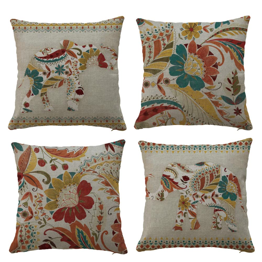 Hangood Cushion Covers Boho Vintage Flowers Set of 4pcs Throw Pillow Case Home Decorative Chair Living Room Sofa 18x18 inch Pillowcase 45x45cm