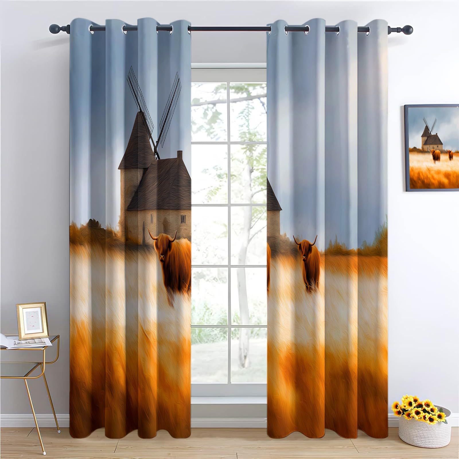Estilo Surrealista Cortinas de Ventana 140 x 260 cm, Opacas Térmicas Aislantes del Frío y del Calor, Granja Retro Ganado De Las Tierras Altas para Dormitorio o Sala de Estar, Decoración de Habitación