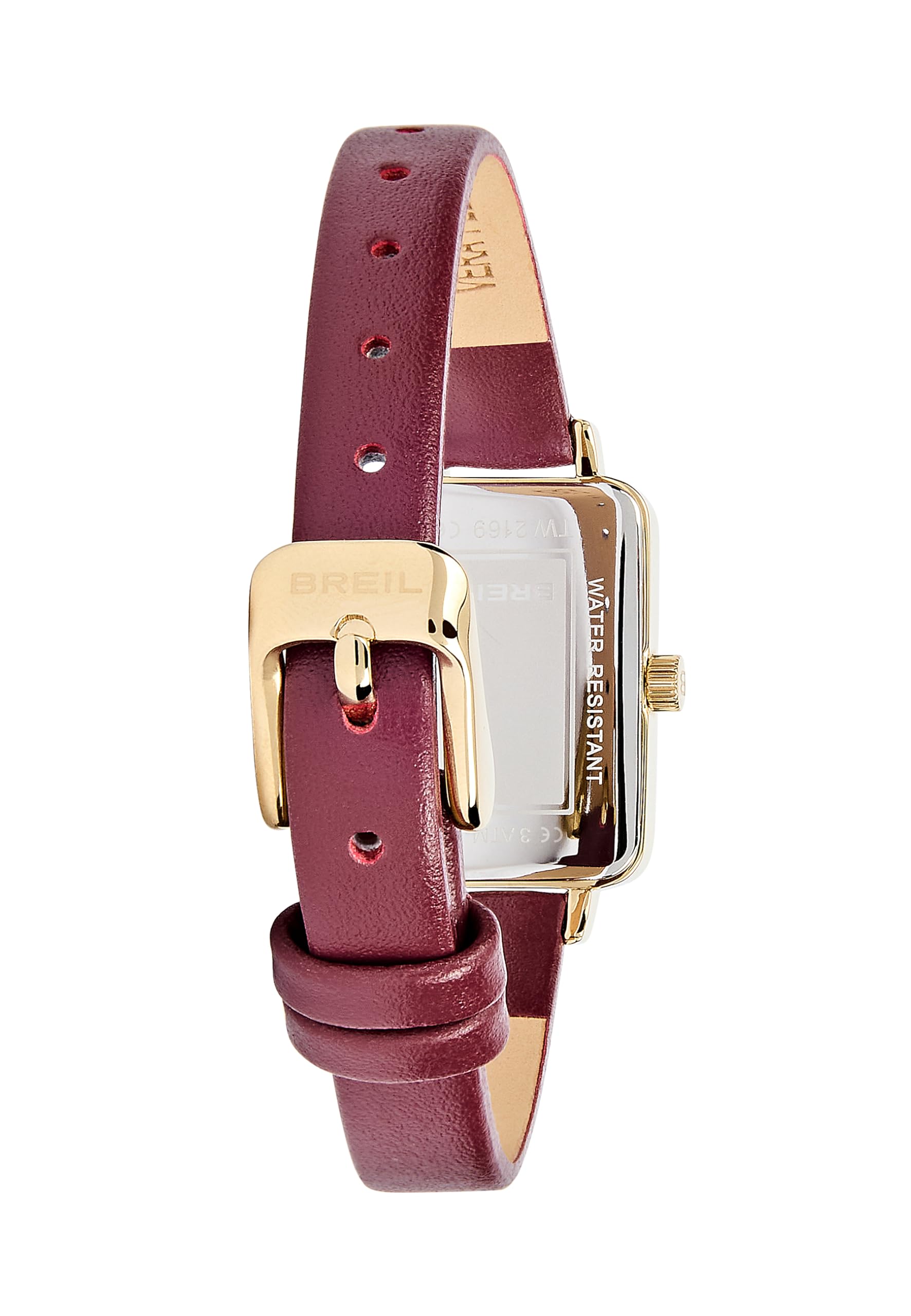 Breil, Collezione Mode, Orologio Donna Solo Tempo in Acciaio Lucido, Quadrante Bianco Matt, Indici Light Gold, Cinturino in Pelle Burgundy, Chiusura a Gioielleria, WR 3 ATM, Cassa Rettangolare 17 mm