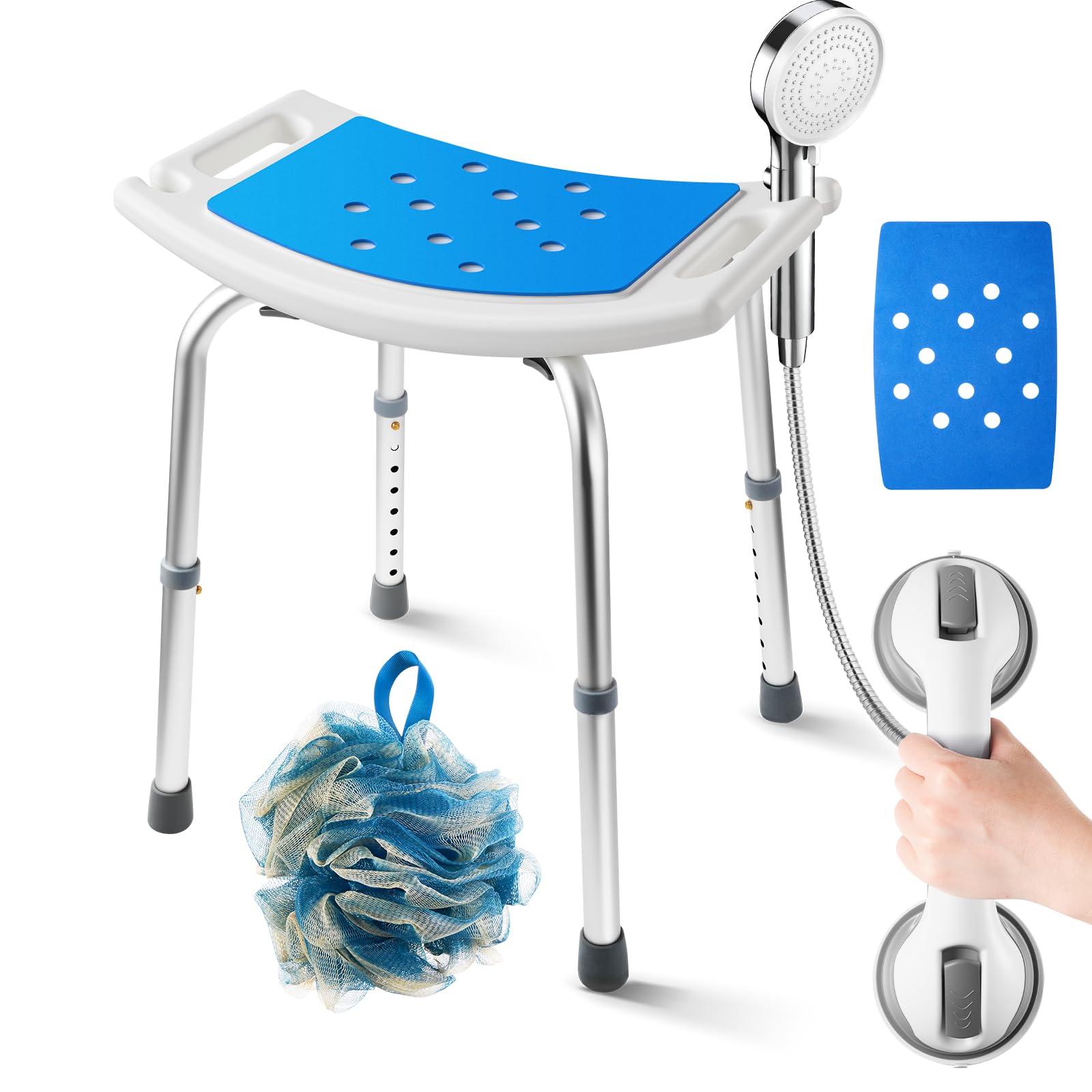 Duschhocker Höhenverstellbar 37-57cm, Duschstuhl 8 Stufen, Duschhocker für Senioren Belastbar bis 136kg, Badhocker mit Rutschfesten Gummifüßen für ältere Menschen, Blau