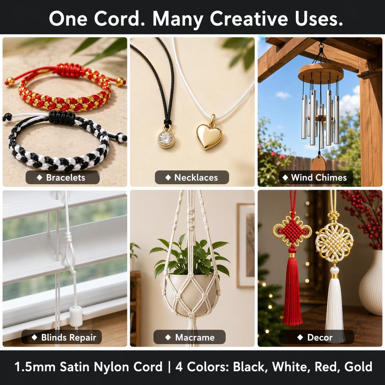 4 Pack Nylon String 1.5mm for Bracelets, 55 Yards Each Satin Nylon Cord for Jewelry Making Necklace, Wind Chime Cord Replacement, Chinese Knotting Cord, Macrame Rattail Cord (Black White Red Gold)