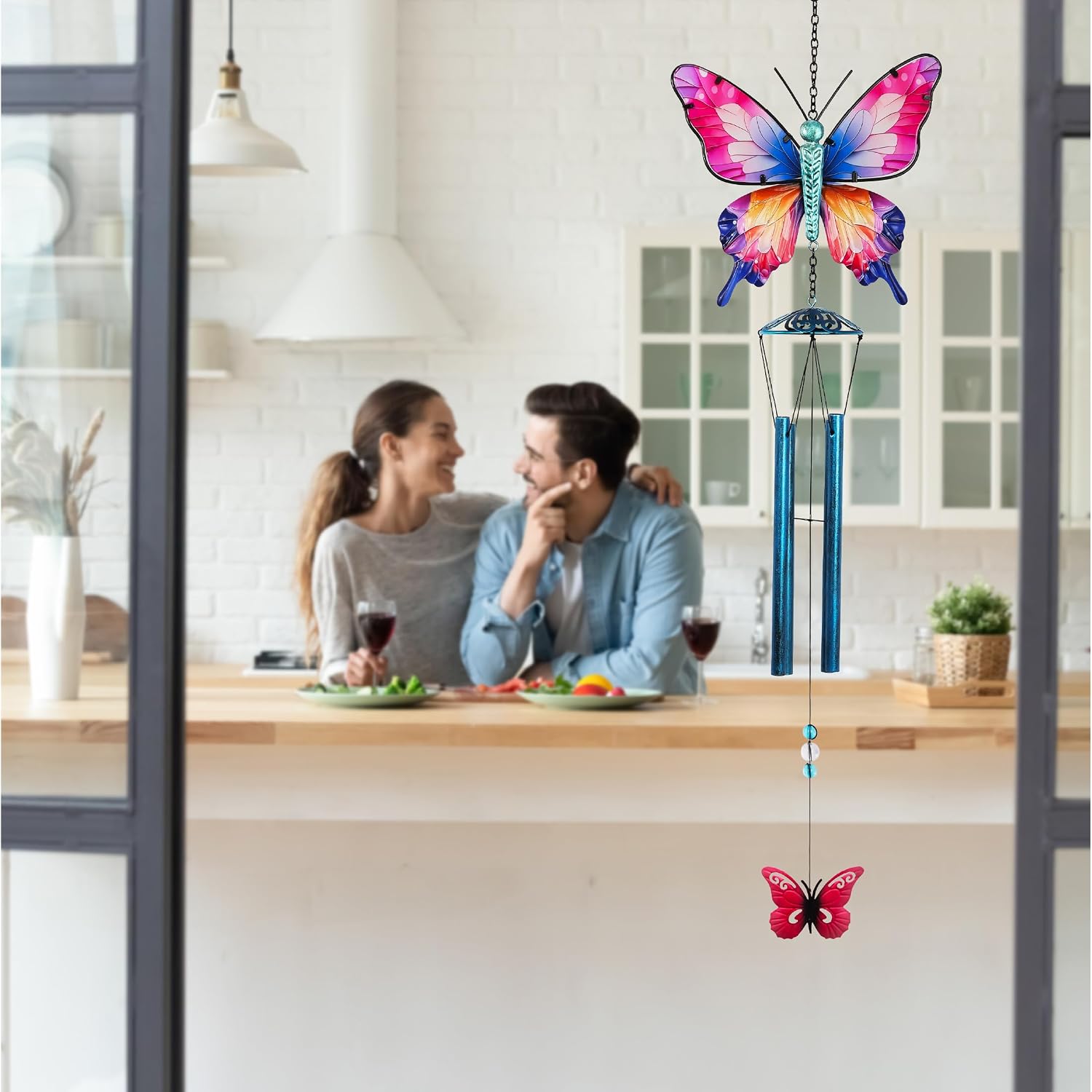 CoTa Global Magical Butterfly Wind Chime - Insect-Themed Metal Hanging Decor with Metallic Blue-Tone Tubes and Beaded Accents, Indoor Outdoor Porch Patio Garden Decoration - 32 Inches