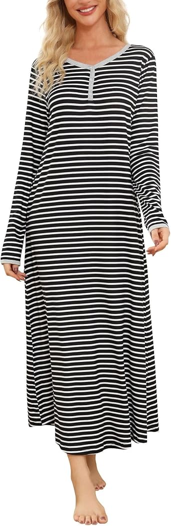 ENJOYNIGHT Women Long Sleeve Nightgown Button Down Sleep Dress with Pockets