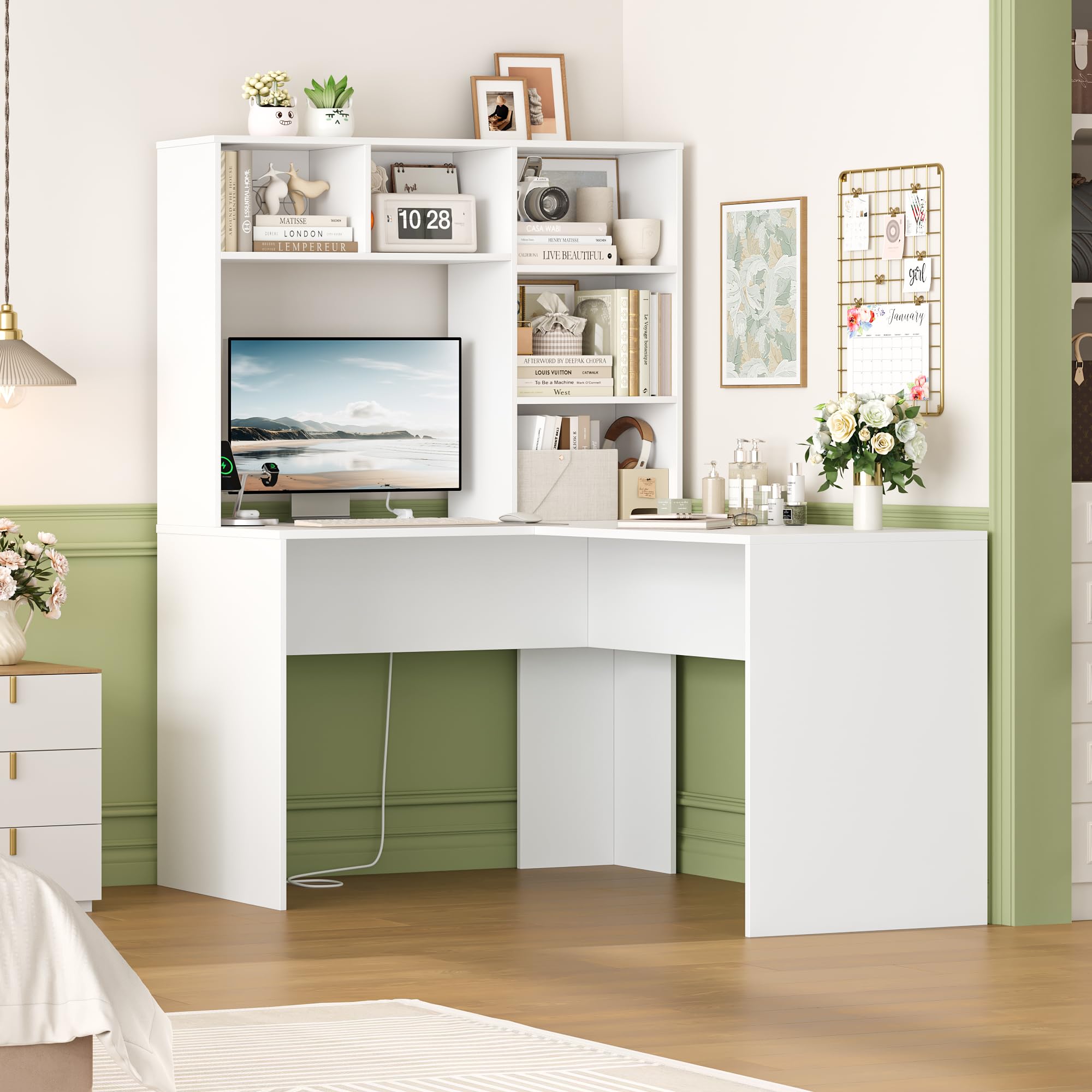 FirFurd Scrivania Angolare con Libreria, 2 Prese AC e 2 Porte USB, Scrivania per Computer ad Angolo a Forma di L, Scrivania ad Angolo per PC con Ripiani in Legno per Ufficio e Casa 108x125x153 cm