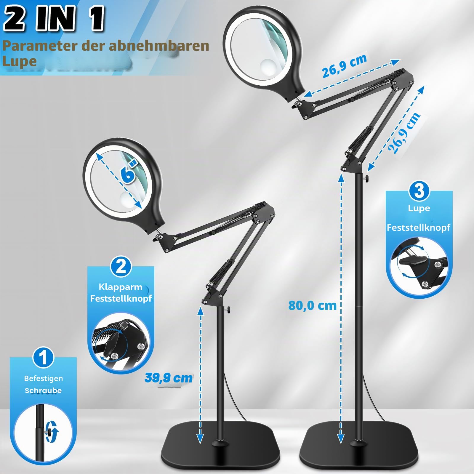 NZQXJXZ 30X 10X Große Lupe mit Licht und Ständer, 2-in-1 Lupenlampe | mit 36 Einstellbaren Helligkeits-LEDs, 3 Farbmodi, Beleuchtete Lupenleuchte für Lesen, Naharbeit, Nähen, Basteln, Hobbys