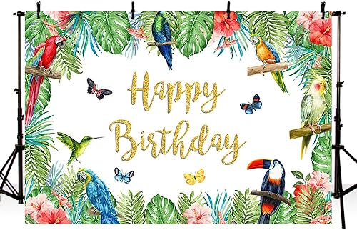 Miniatura 9 de MEHOFOND Telón de fondo de cumpleaños de pájaro tropical de 7 x 5 pies, hojas de palma de tucán de verano, purpurina dorada, pancarta de feliz
