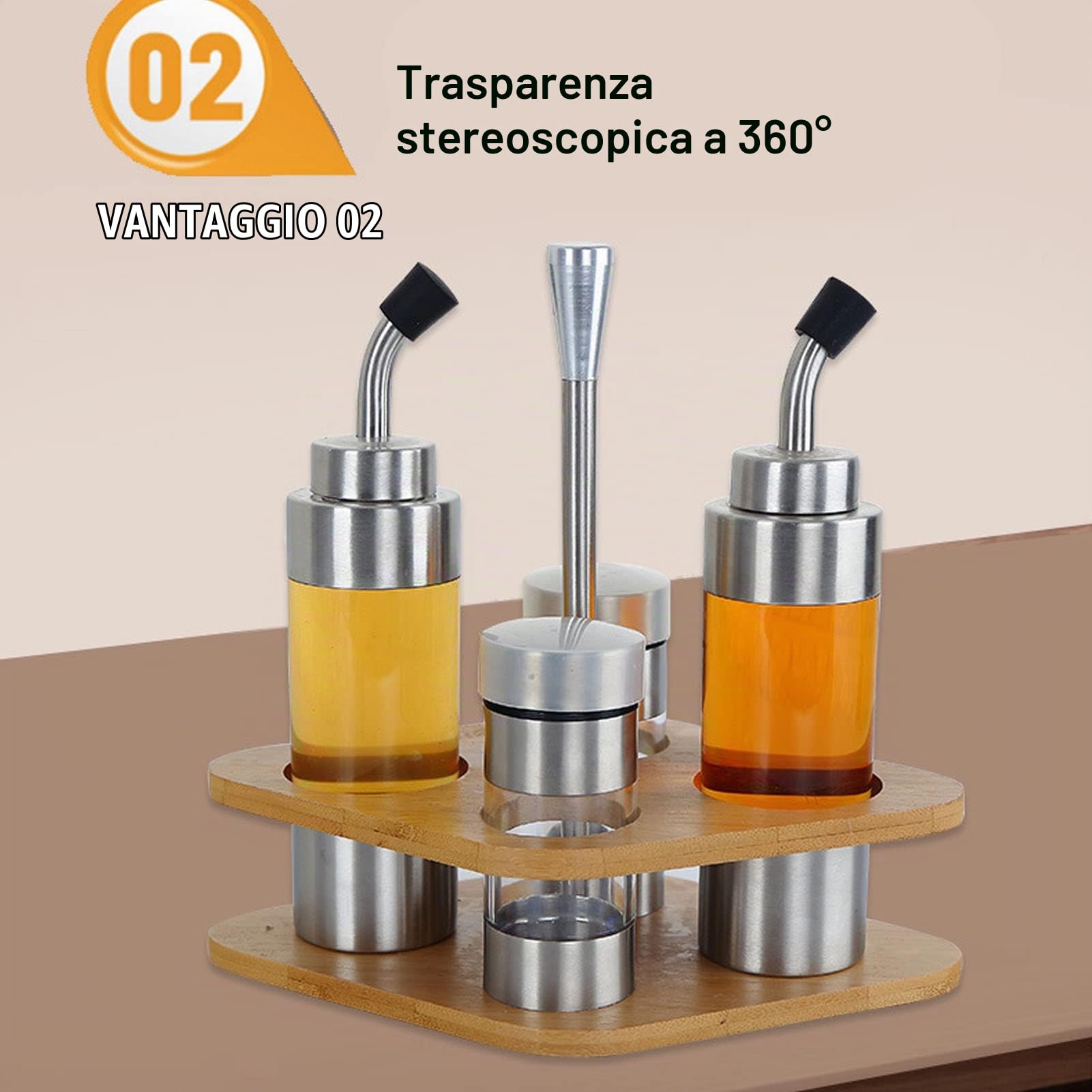 Set Dispenser di Sale Per Olio di 4 Bottiglie con Rack in Legno, 2 Bottiglie Dispenser di Olio, 2 Bottiglie di Spezie in Polvere, Set di Condimenti Sale Aceto Pepe Per Tavolo della Cucina