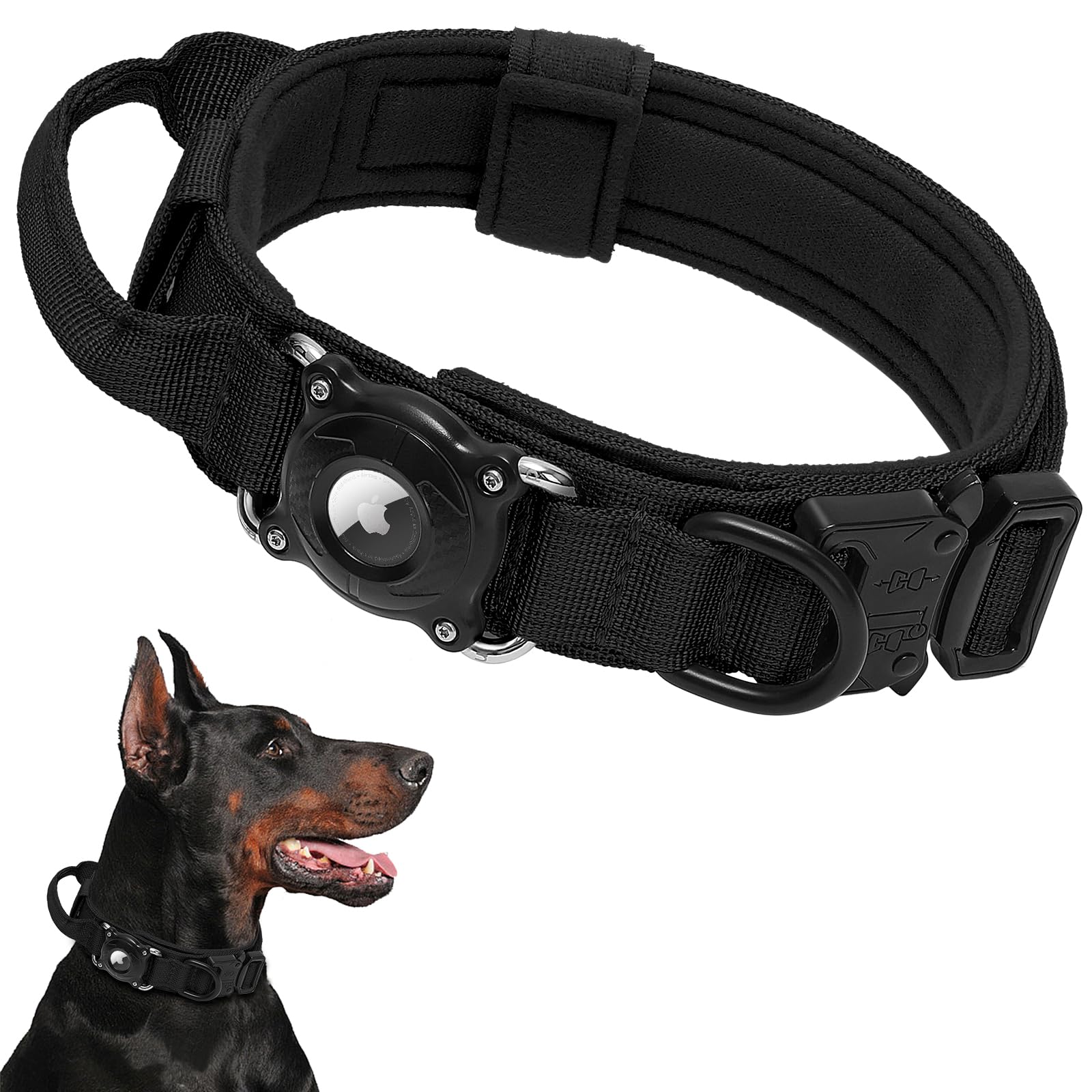Waterproof AirTag Dog Collar with QR ID Tag, Tactical Military Dog Collar with Built-in AirTag Holder, Heavy Duty Metal Buckle & Control Handle, Training GPS Tracker Collar for Large Dogs(Black,XL)