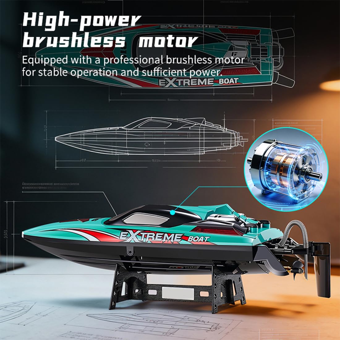 Ferngesteuertes Boot mit LED-Licht, 55KM/H Bürstenloser schneller RC Speedboot mit doppelt wasserdichtem Design, EIN-Tasten-Kenterungsrettung und Alarm bei niedrigem Batteriestand