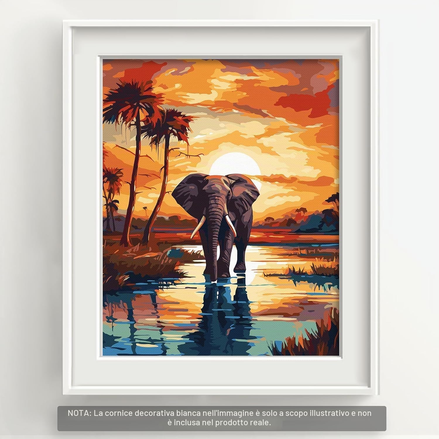 Bougimal Dipingere con i numeri adulti Animale con pennelli e colori acrilici inclusi - 40 x 50 cm, Elefante al tramonto, Con Telaio