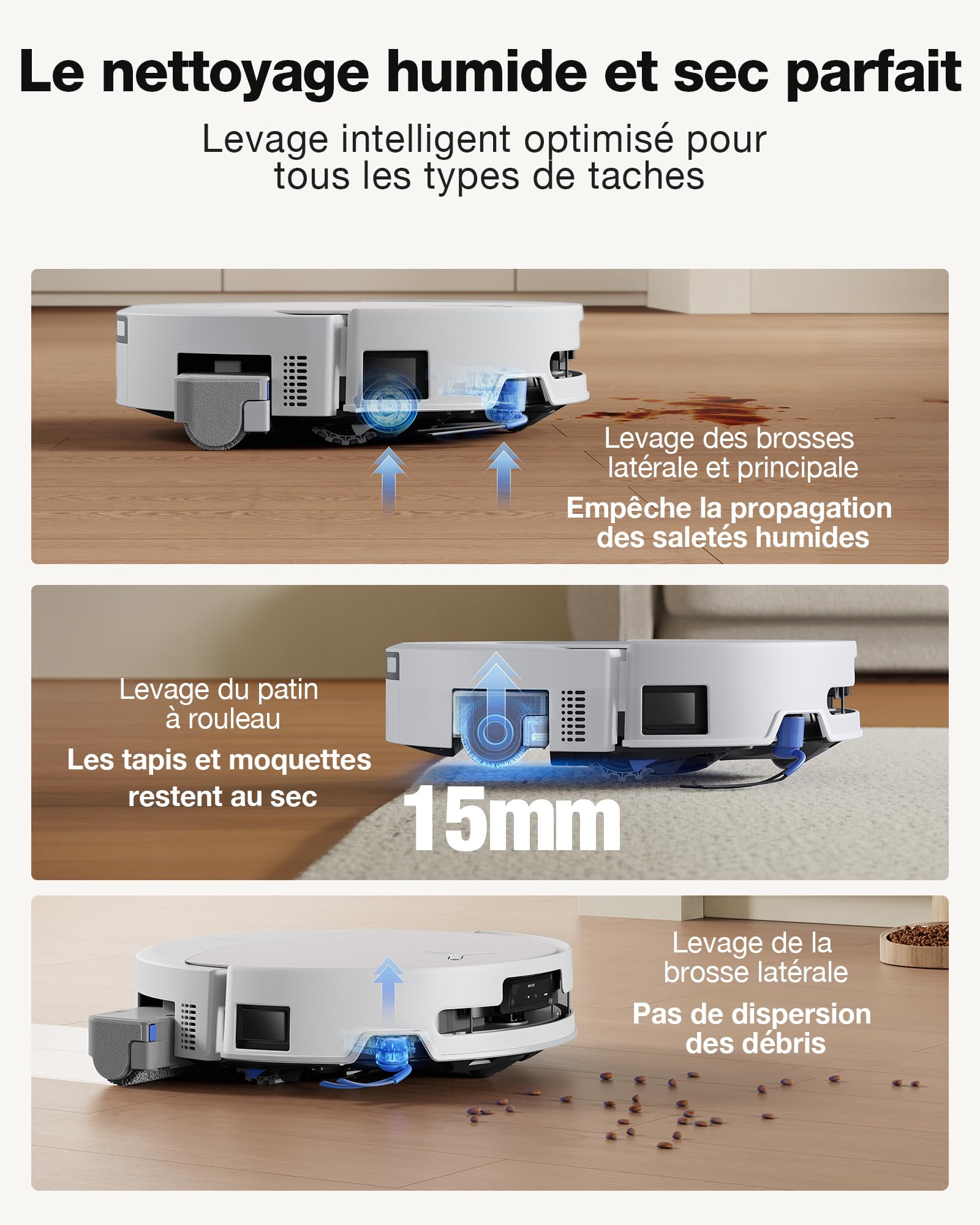 ECOVACS DEEBOT T90 OMNI Aspirateur laveur, 30 000 Pa, OZMO ROLLER 3.0, système BLAST, Triple Lift, TruePass 4WD et AIVI 3D 4.0, AGENT IA YIKO pour animaux de compagnie, Fresh-flow Power Washing, blanc