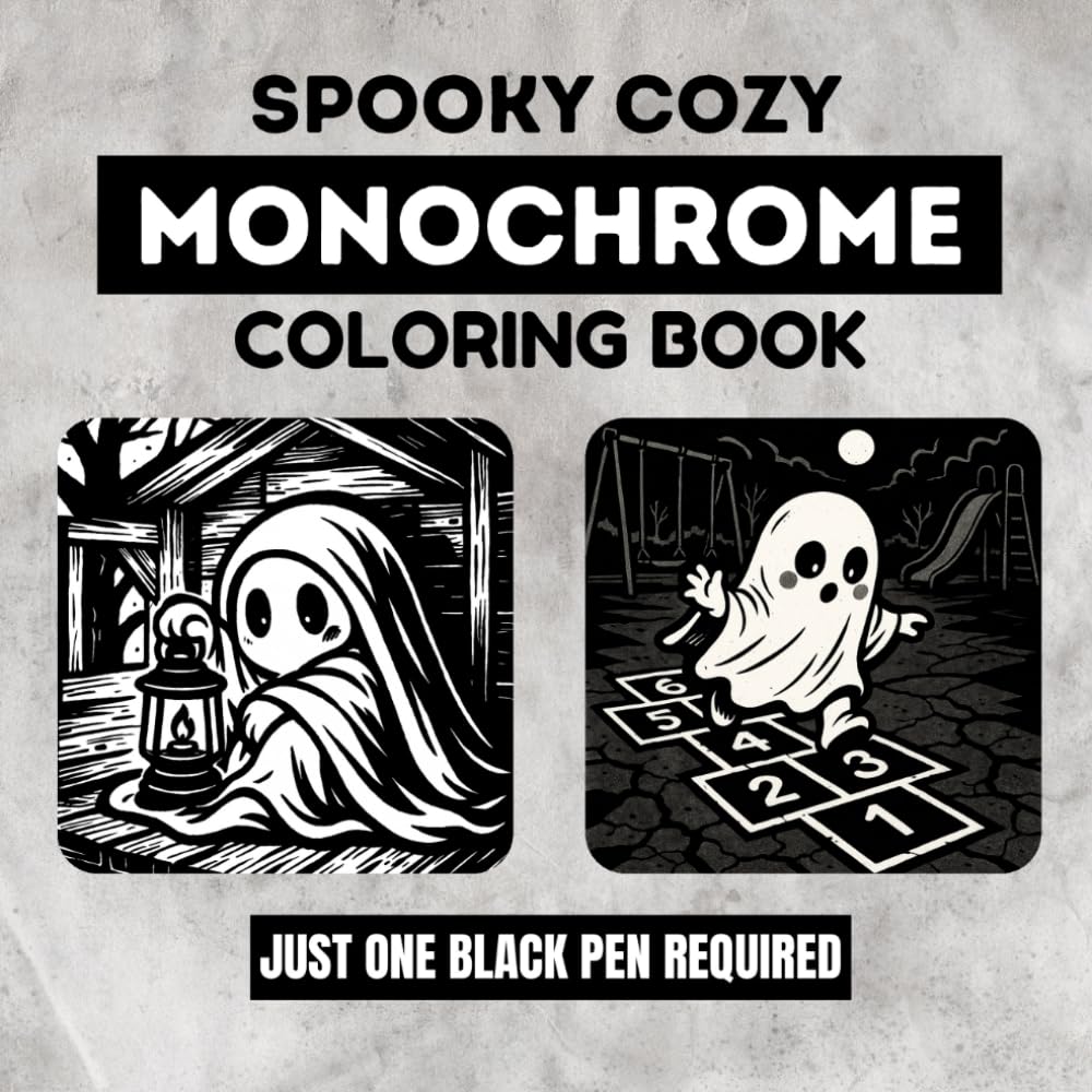 Spooky Cozy Monochrome Coloring Book: Black and White One Color Designs for Adults and Teens Featuring Spooky Cute Characters, Cozy Hygge Moments, and ... in a Still and Slow Style for Relaxation