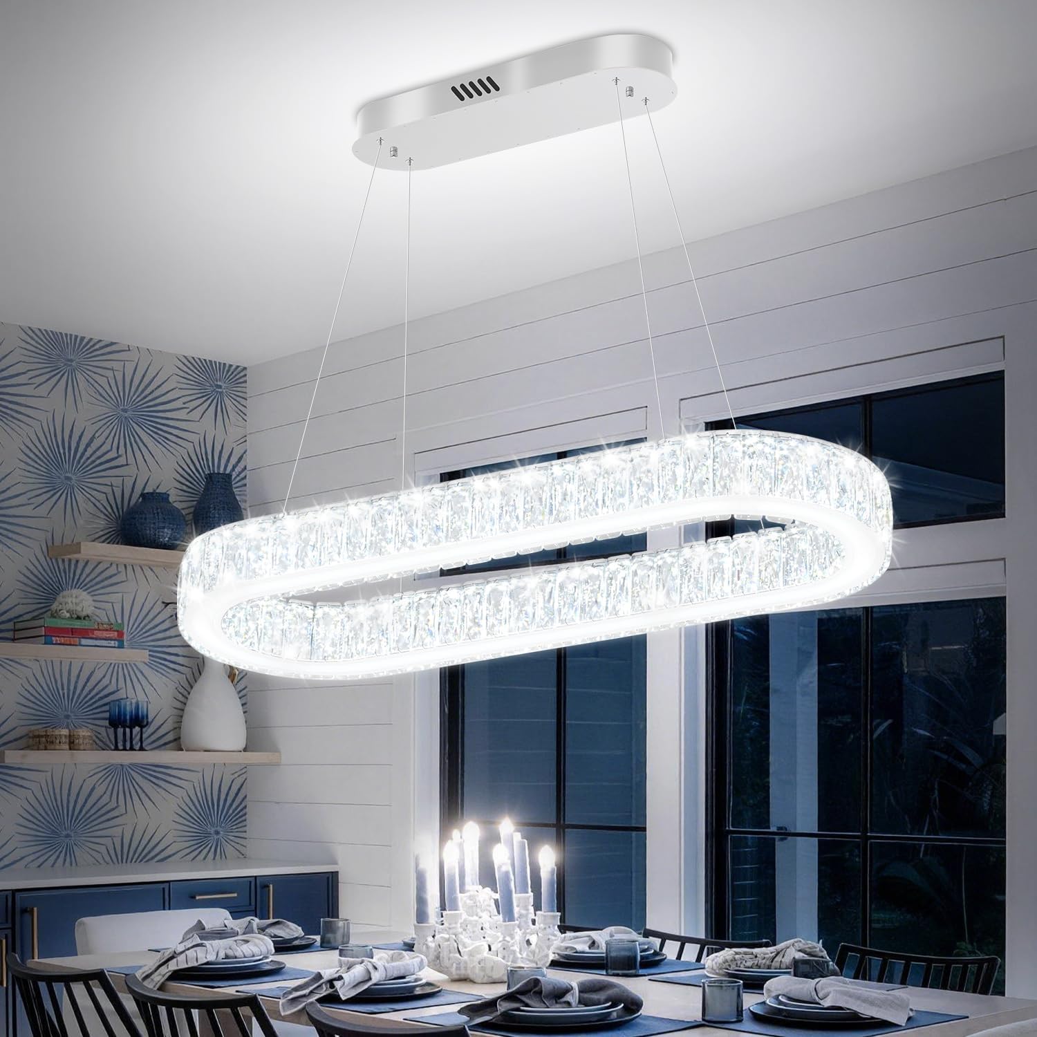 Dimmable Led Crystal Ring Chandelier Oval Crystal Chandeliers for Dining Room Silver 32in Linear Pendant Light for Kitchen Island