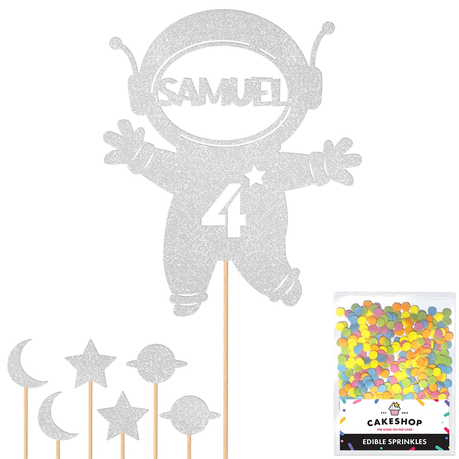 Personalised Spaceman Astronaut Glitter Cake Topper Silver Any Custom Age & Name Glitter Cake Decoration and Sprinkles - Happy Birthday Decorations - Personalised Toppers for Cakes by Cakeshop โ image 1