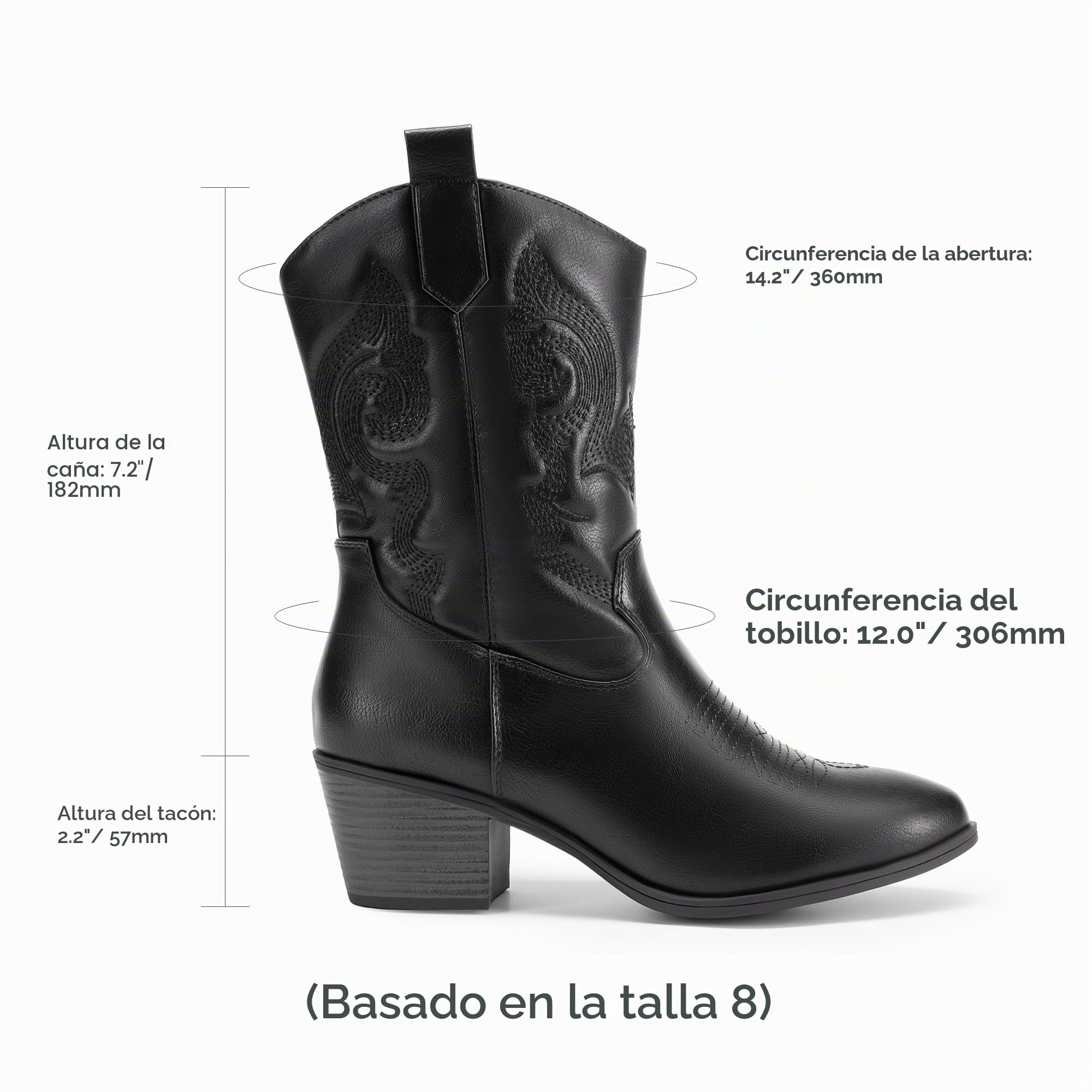 DREAM PAIRS Botas Vaqueras para Mujer, Botas Vaqueras de Media Caña con Bordado, Punta Redonda, Tacón Bajo Grueso Estilo Western
