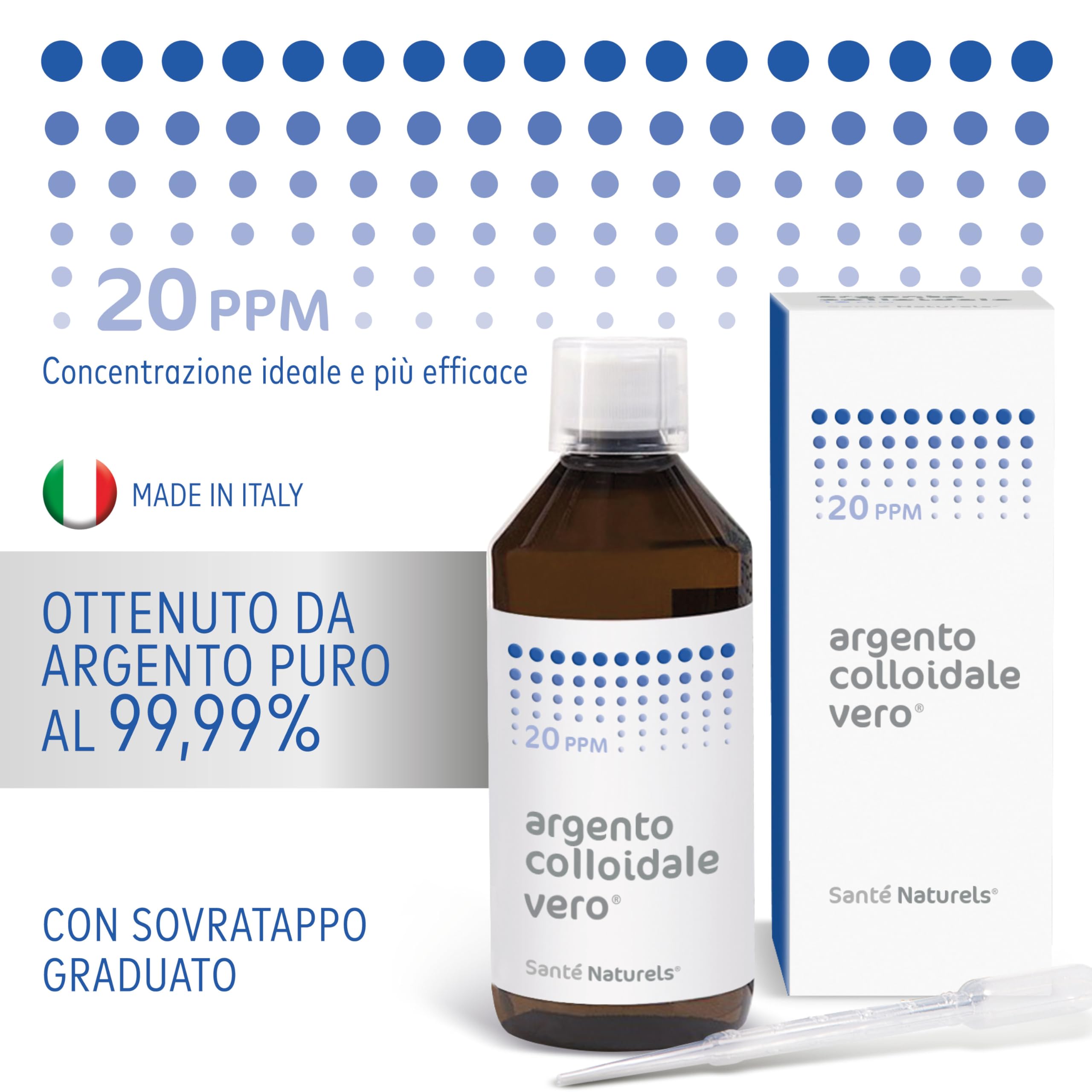Argento Colloidale Vero ● 20 ppm 500 ml ● Particellare non Ionico con Forte Azione Antibatterica e Cicatrizzante ● Made in Italy