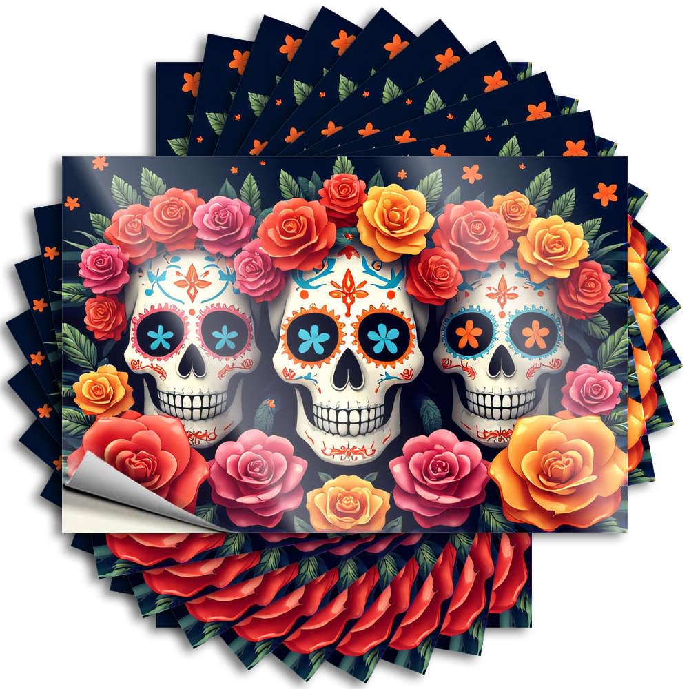 Fzfn Colour Decal Tiki Bar Decorations Vinyl Sticker | Colorful Skulls Adorned With Vibrant Roses Affirmation For Quick Use(8X12cm)