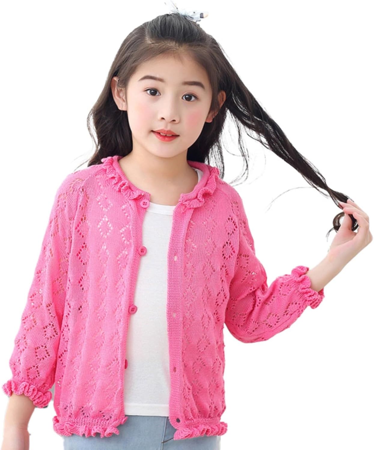 Toddler Girls Hollow Cardigan Sweater Kids Ruffled Trim Knitted Jacket Button Up Long Sleeve Tops Fall Plain School Uniform