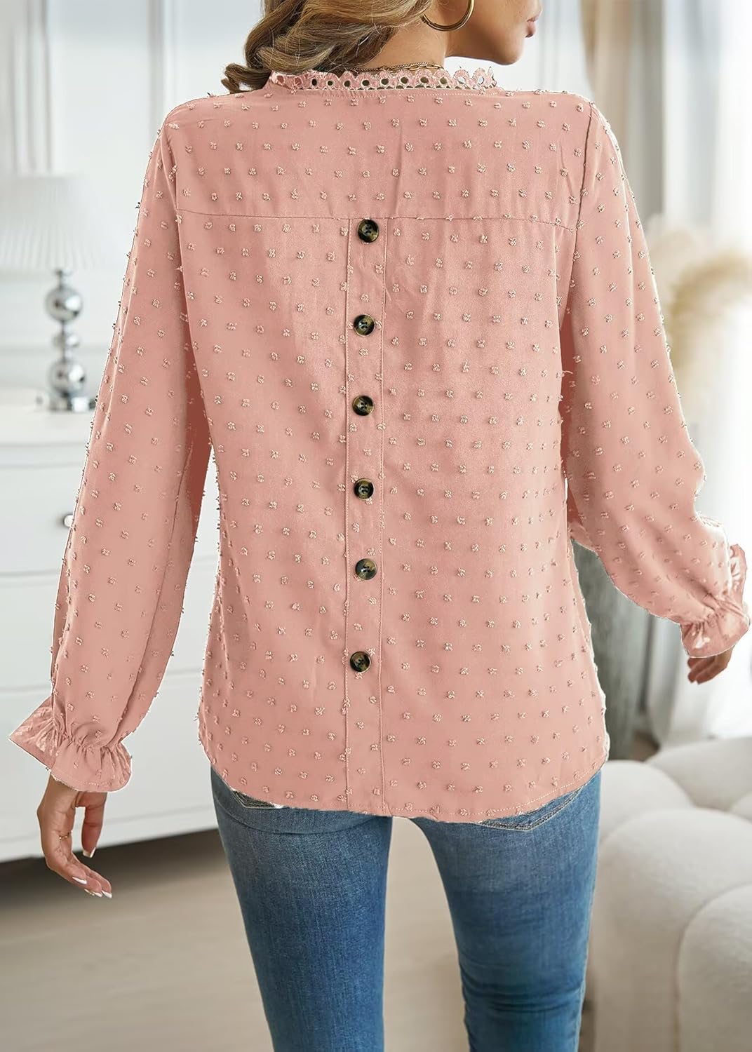 Womens Boho Tops Long Sleeve Shirts For Women Cute Crewneck Blouse Dressy Casual Swiss Dot Crochet Hollow Top 2026 - Image 3