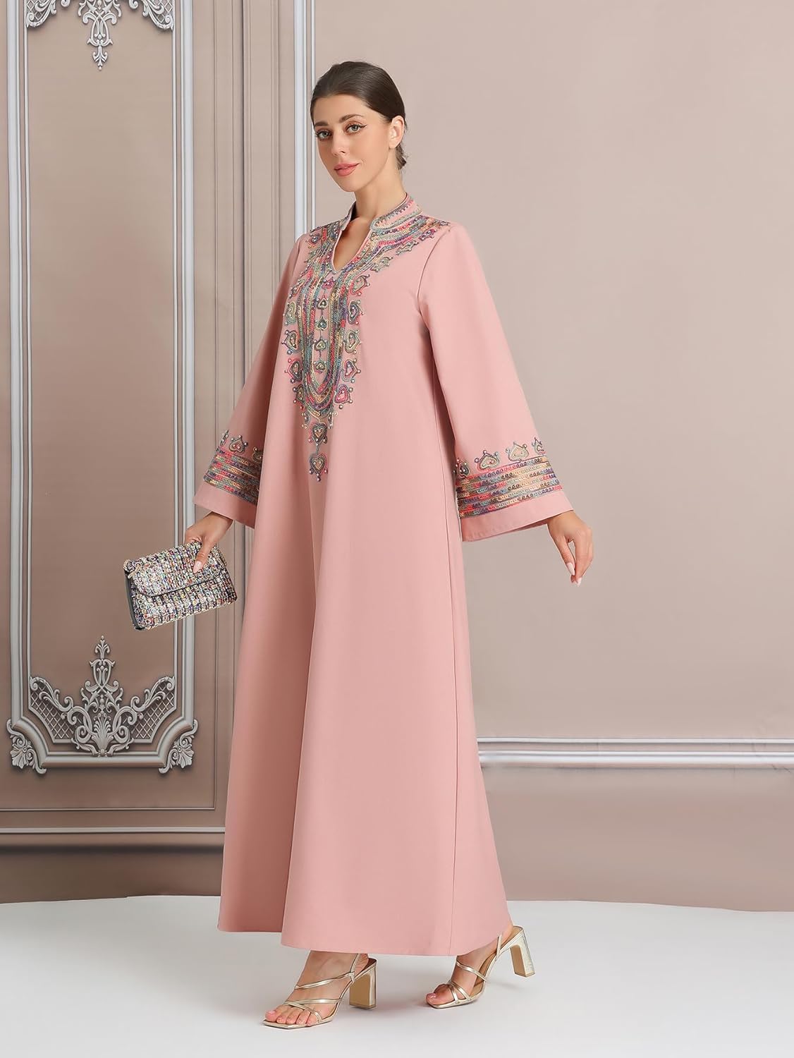 Plus Size Beaded Embroidered Abaya Dress for Women – Modest Kaftan with Split Sleeves & High Neck for Eid, Ramadan - Image 6