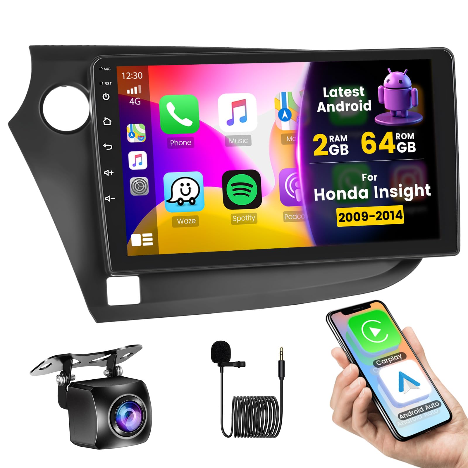 9 Inch Android Car Stereo For Honda Insight 2009-2014 - Wireless CarPlay Android Auto, 2GB+64GB, Touch Screen With GPS Bluetooth WiFi