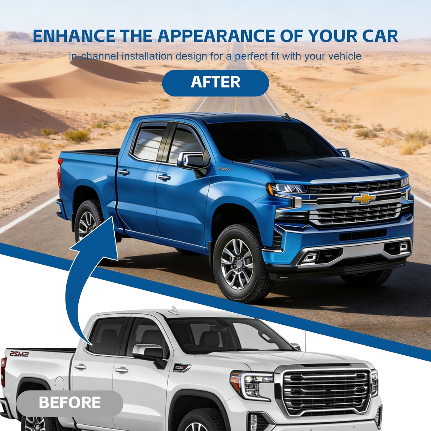 in-Channel Window Rain Guards for GMC Sierra/Chevy Silverado 1500 Crew Cab 2019-2026, Visors Rain Shades Guard, Extra Durable Vent Wind Deflectors for Exterior Accessories -4 pcs