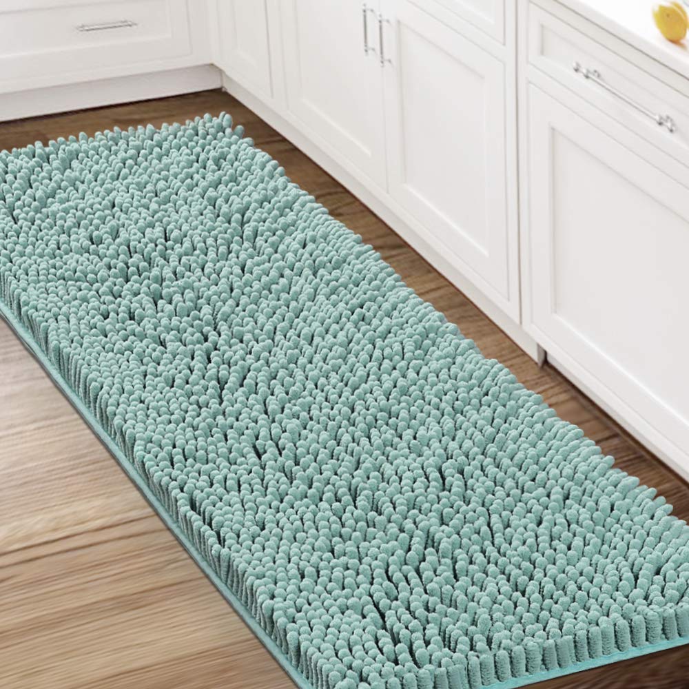 Bathroom Rugs Bath Mat Bath Rugs Bath Mats for Bathroom Non Slip Extra Thick Buncy Soft Chenille Bath Rug Fulffy Shag, Indoor Rug Runner Carpet for Entry Living Room (Aqua Foam, Large 59" x 20")